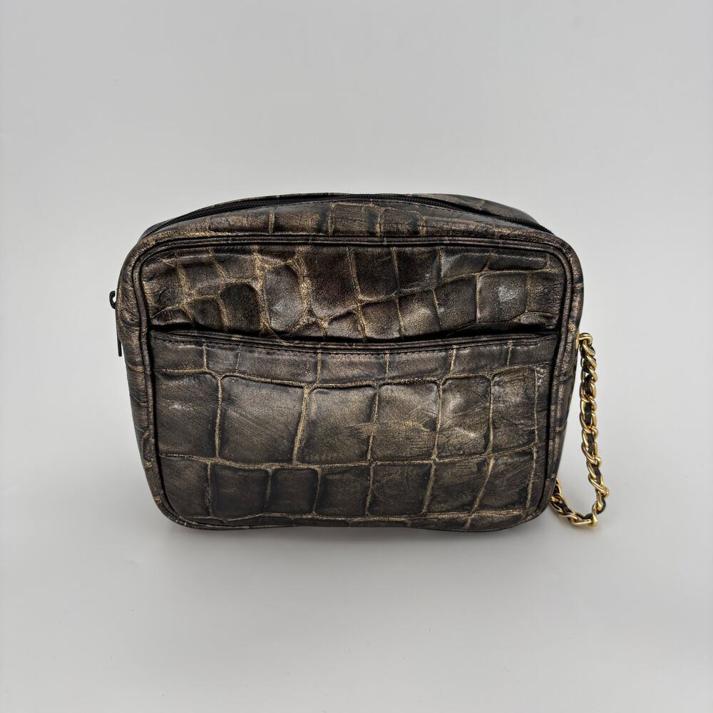 Vintage LJ Simone New York Croc Embossed Leather Crossbody Bag Gold Black 80s